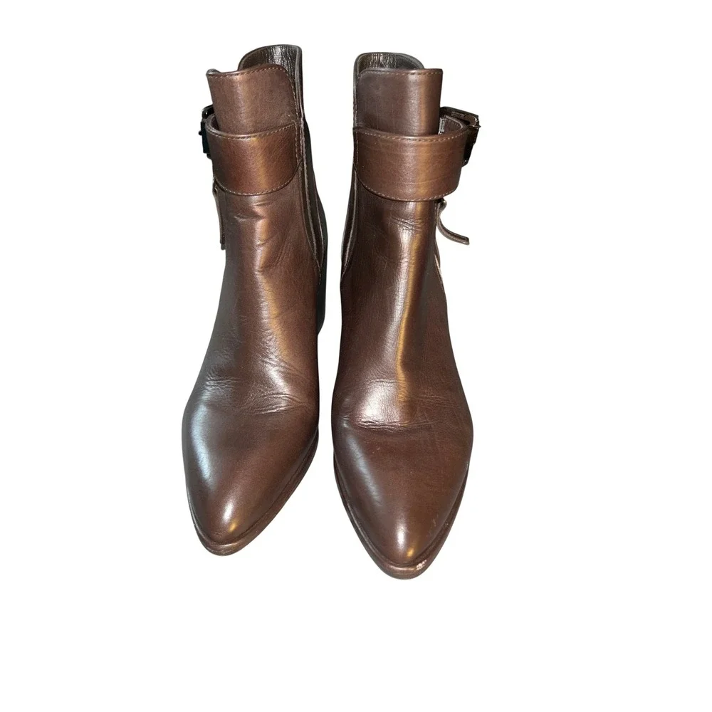 Stuart Weitzman Brown Leather Buckle Ankle Boots Pointed Toe Block Heel Size 8.5